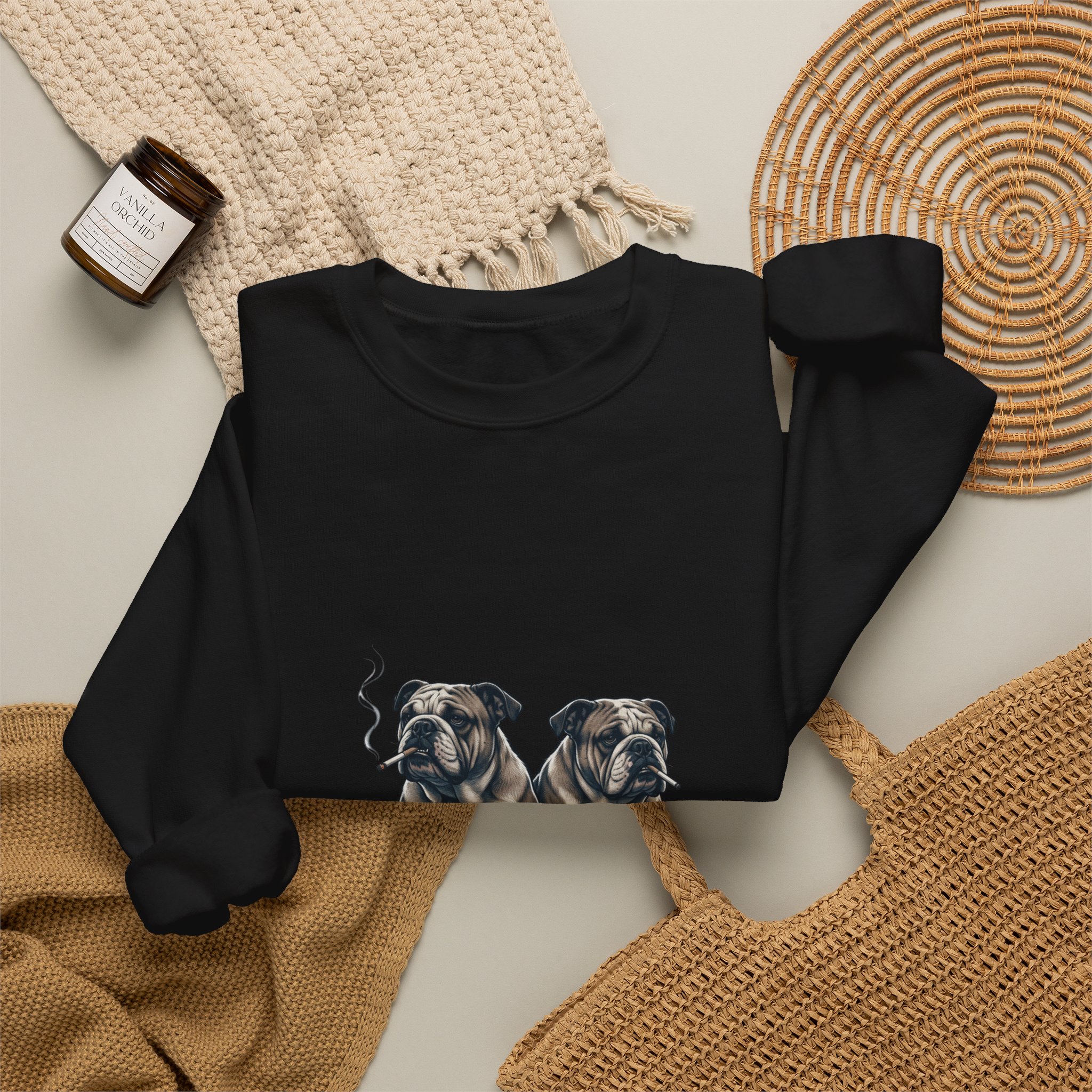 Smoking Pugs Crewneck Sweatshirt | Animals Smoking, Absurdist Meme - Image 8