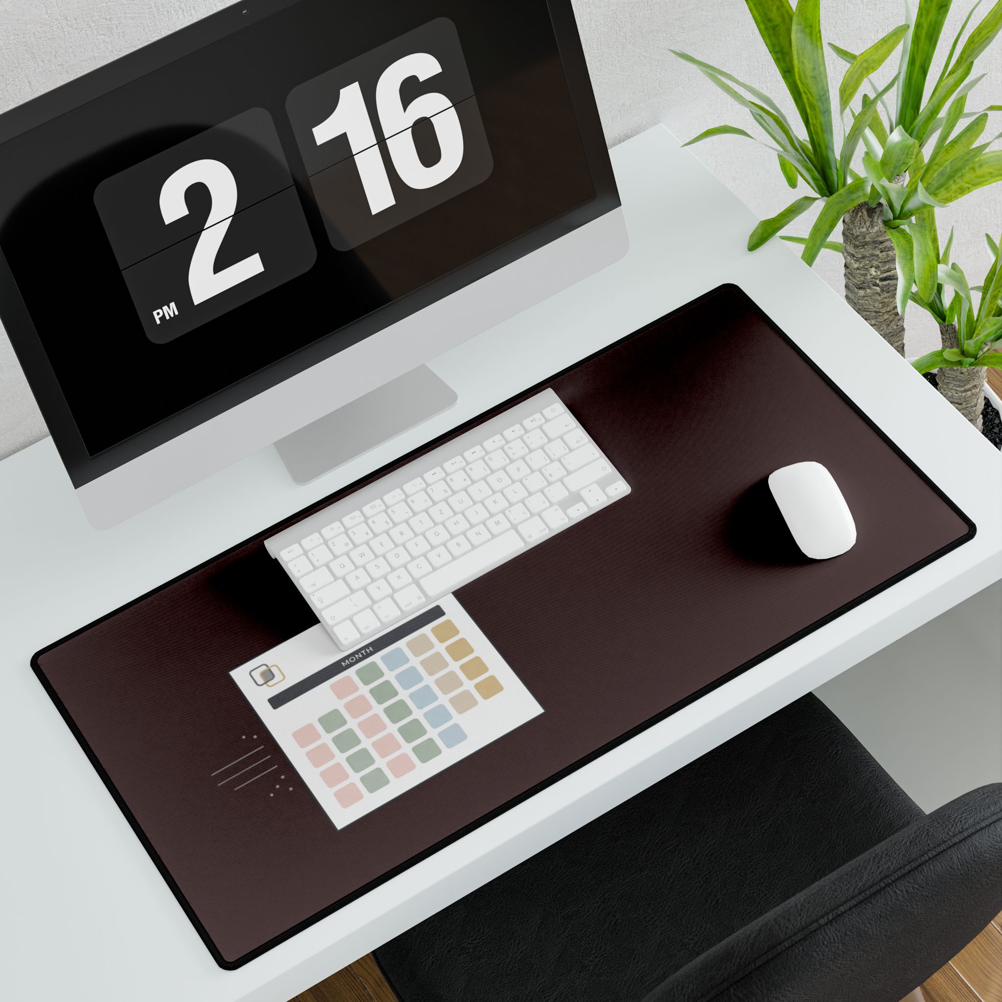 Minimal Planner Desk Mat — Large Brown & Black Extended Mouse Pad with Calendar Graphic