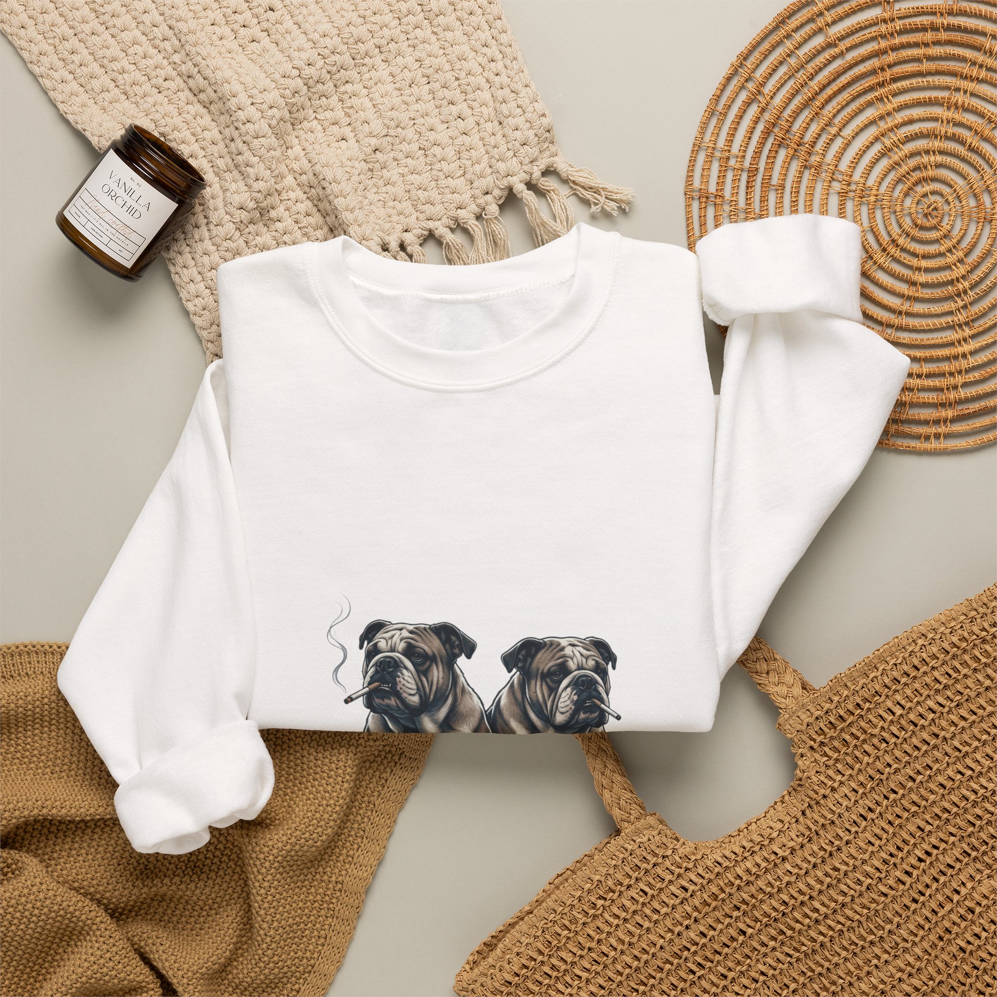 Smoking Pugs Crewneck Sweatshirt | Animals Smoking, Absurdist Meme - Image 4